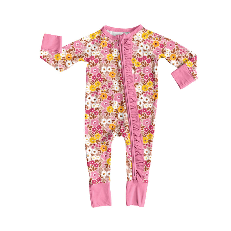 4.17  Pink Floral Baby Zip Romper - Long Sleeve Sleeper with Ruffle Zipper Preorder
