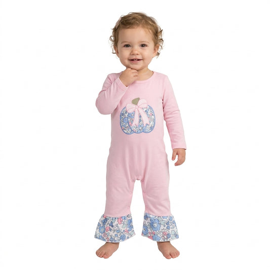 LR3021 Flowers Pumpkin Embroidery Baby Girls Fall Pink Romper