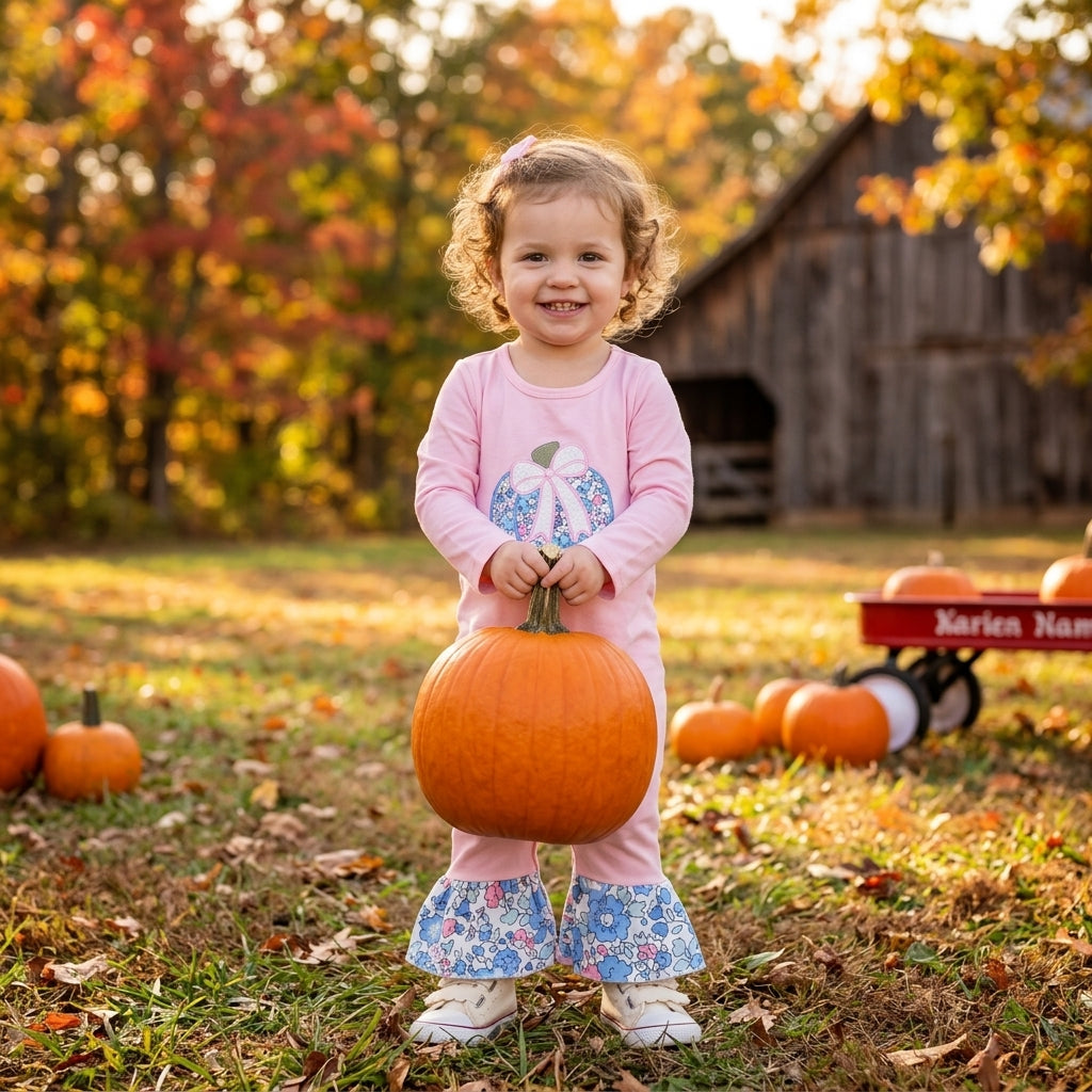 LR3021 Flowers Pumpkin Embroidery Baby Girls Fall Pink Romper