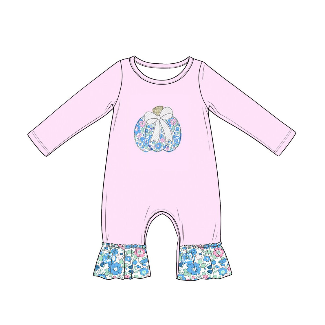 4.18 LR3021 Preorder Flowers Pumpkin Baby Girls Fall Romper