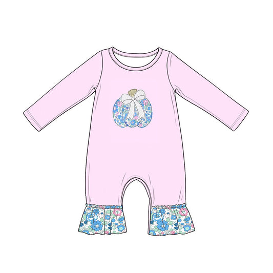 4.18 LR3021 Preorder Flowers Pumpkin Baby Girls Fall Romper
