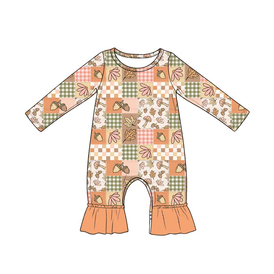 4.20 Baby Fall Patchwork Acorn Long Sleeve Romper With Ruffle Preorder