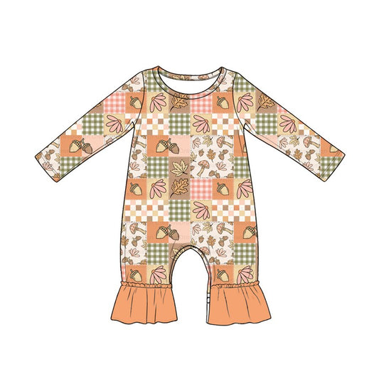 4.20 Baby Fall Patchwork Acorn Long Sleeve Romper With Ruffle Preorder