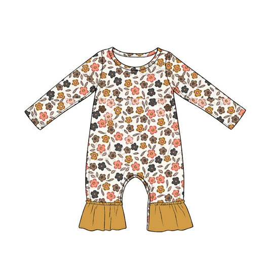 4.20 Baby Fall Neutral Floral Long Sleeve Romper With Ruffle Preorder