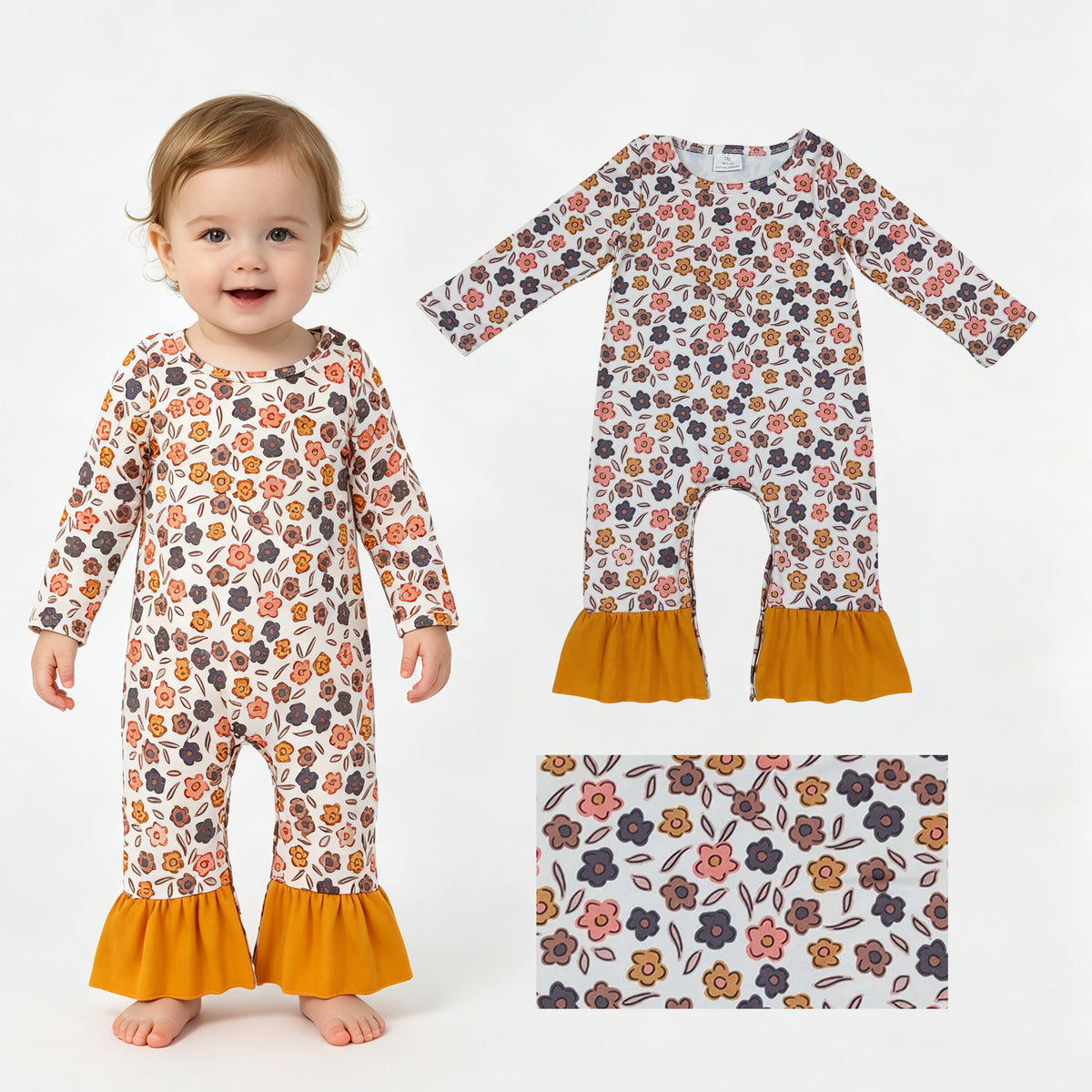 LR3024 Small Flowers Baby Girls Fall Long Sleeve Romper With Ruffle