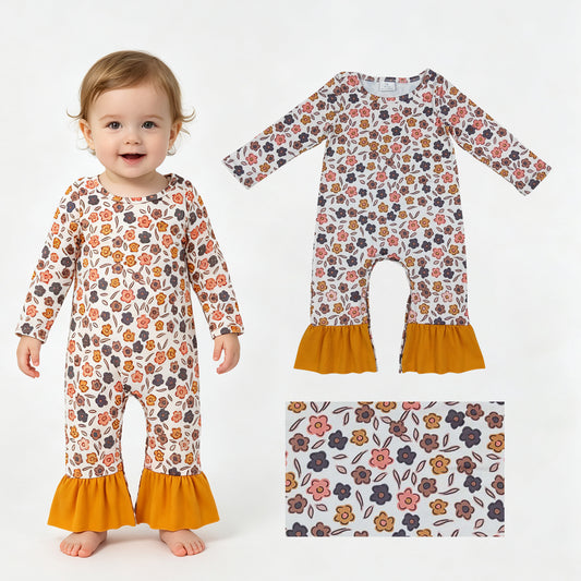 LR3024 Small Flowers Baby Girls Fall Long Sleeve Romper With Ruffle