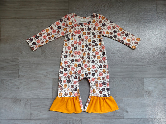 4.20 Baby Fall Neutral Floral Long Sleeve Romper With Ruffle Preorder
