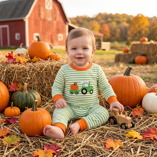 LR3036 Tractor Pumpkin Embroidery Green Striped Baby Boys Fall Long Sleeve Romper