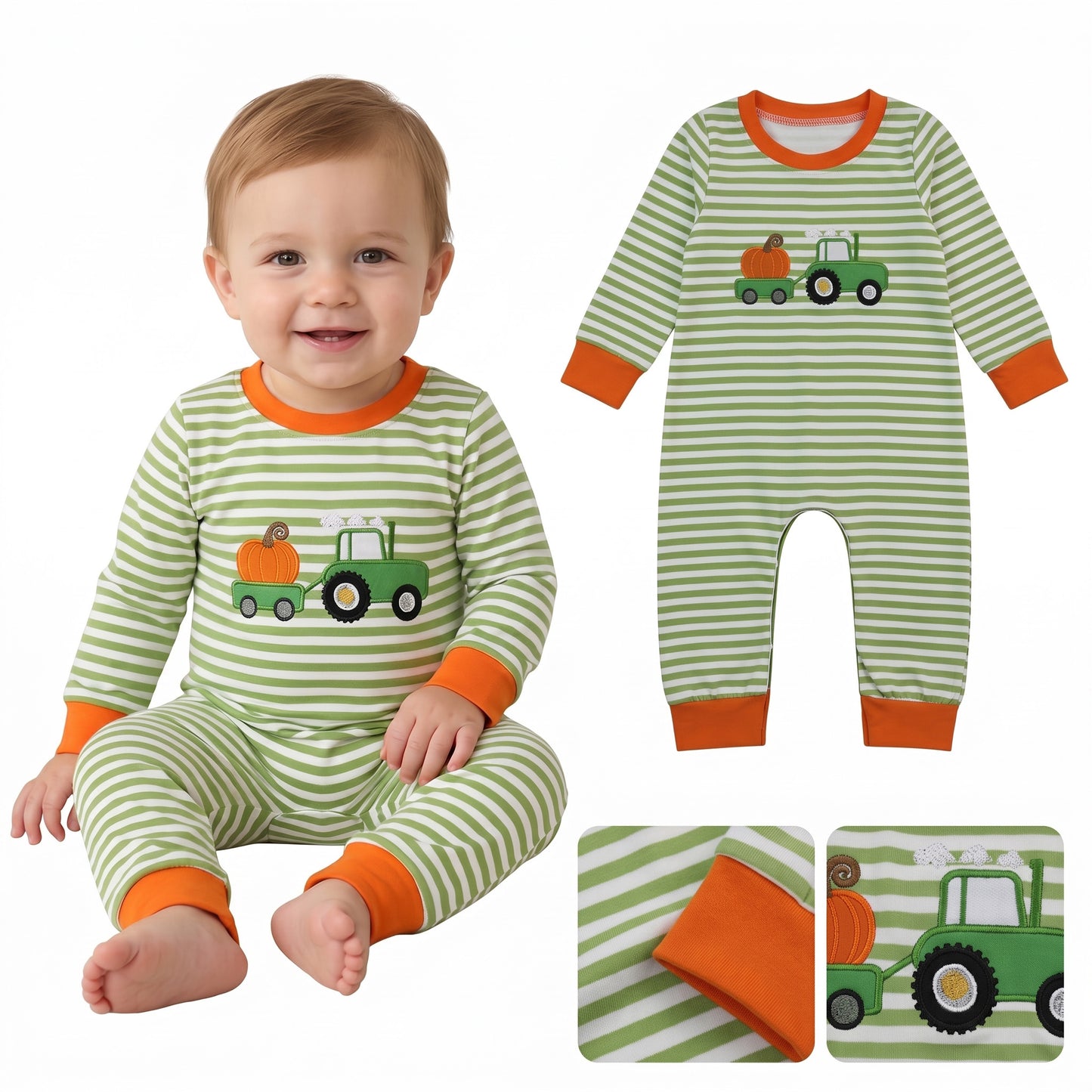 LR3036 Tractor Pumpkin Embroidery Green Striped Baby Boys Fall Long Sleeve Romper