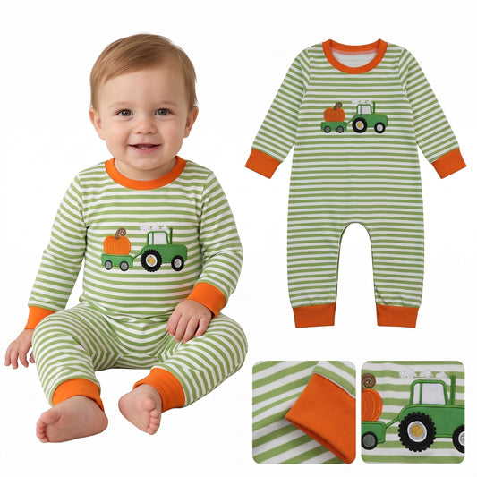 LR3036 Tractor Pumpkin Embroidery Green Striped Baby Boys Fall Long Sleeve Romper