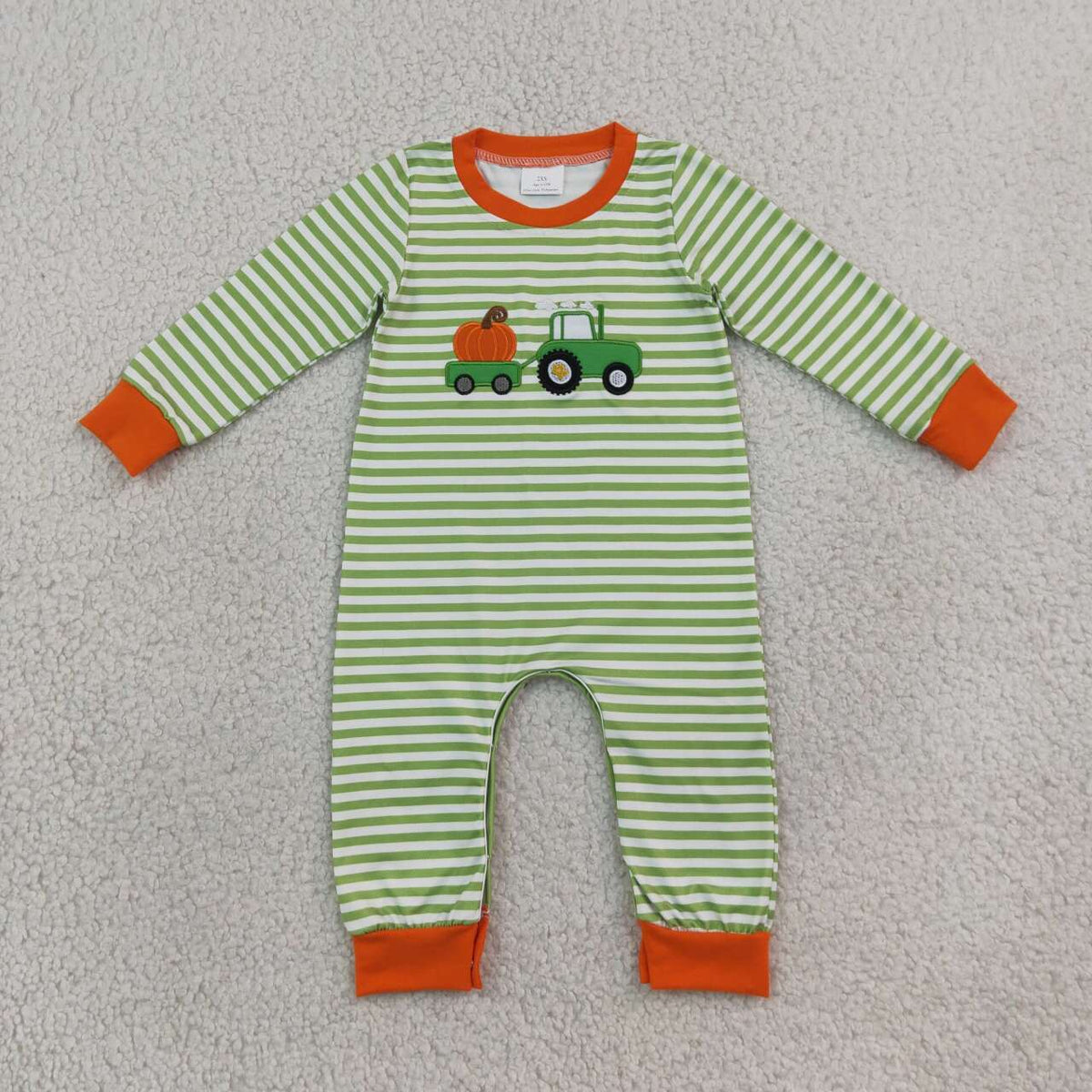 LR3036 Tractor Pumpkin Embroidery Green Striped Baby Boys Fall Long Sleeve Romper