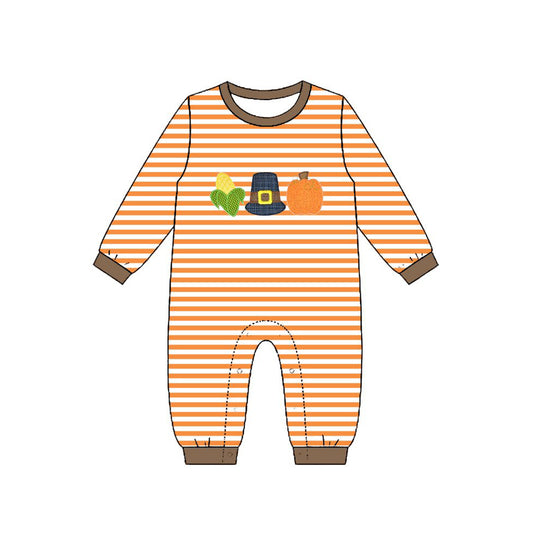 4.23 Baby Boy Thanksgiving Baby Romper Orange Stripe Corn & Pumpkin Onesie Preorder
