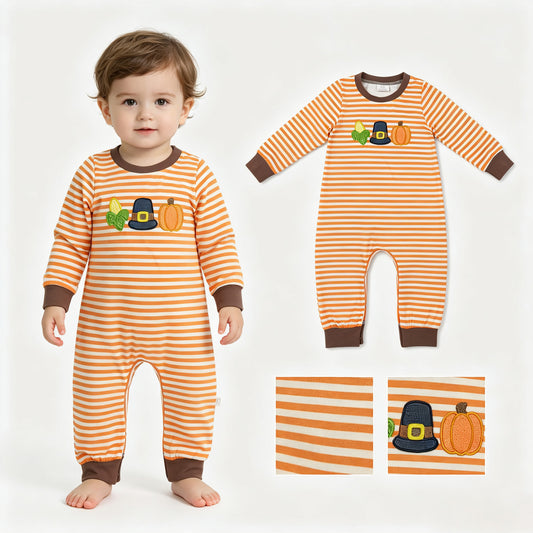 LR3037 Corn & Pumpkin Embroidery Stripes Baby Boys Thanksgiving Romper