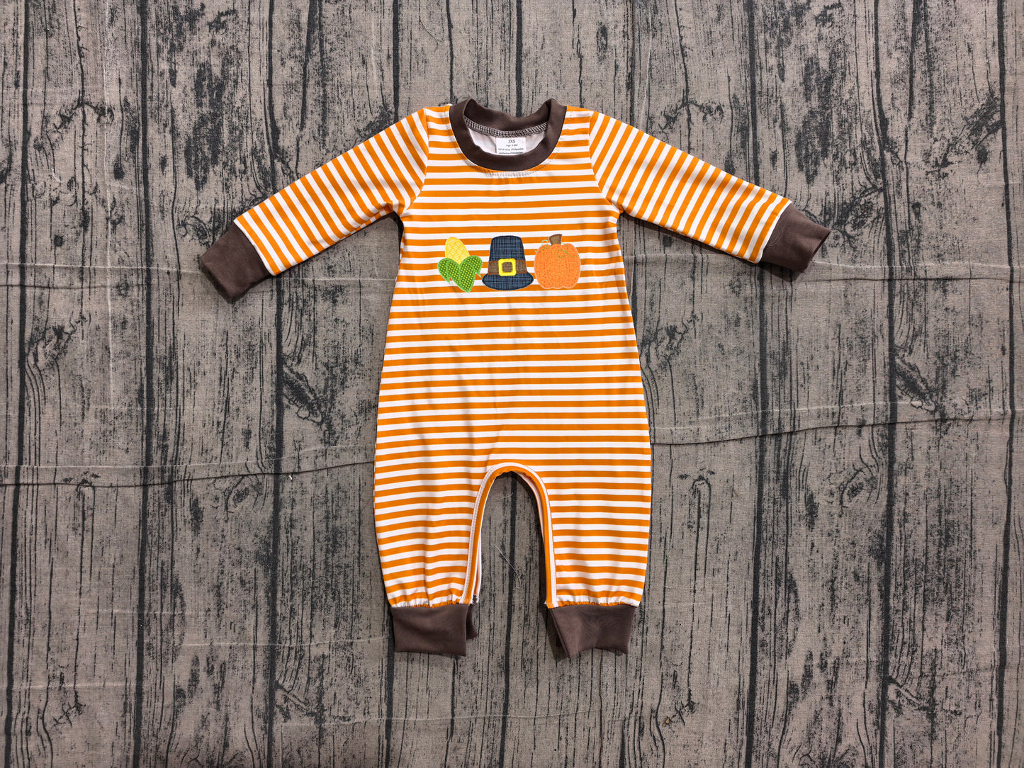4.23 Baby Boy Thanksgiving Baby Romper Orange Stripe Corn & Pumpkin Onesie Preorder
