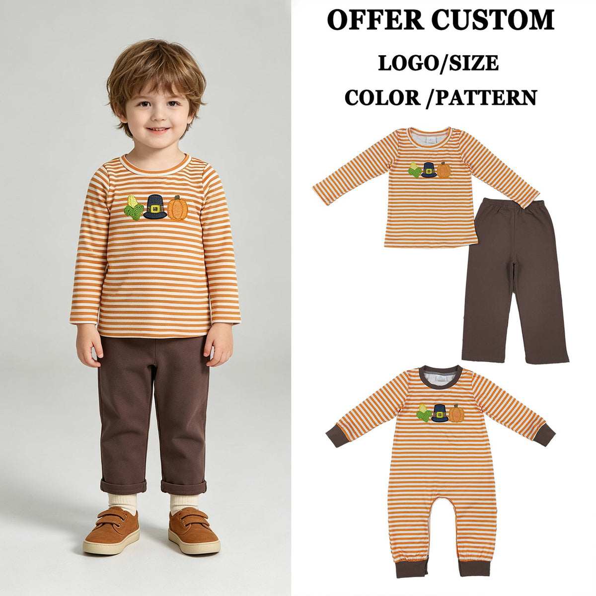 Corn & Pumpkin Embroidery Stripes Boys Thanksgiving Romper & Outfits Brothers Wear Clothes