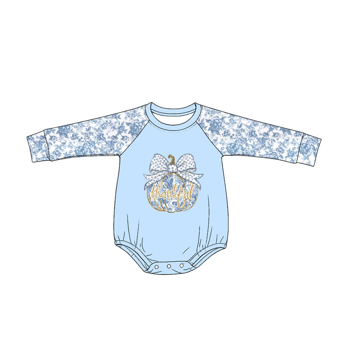 4.25 LR3040 Pumpkin Thankful Blue Flowers Print Baby Girls Fall Romper