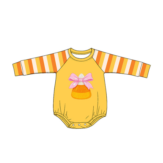4.25 LR3042 Cany Bows Mustard Stripes Print Baby Girls Halloween Romper