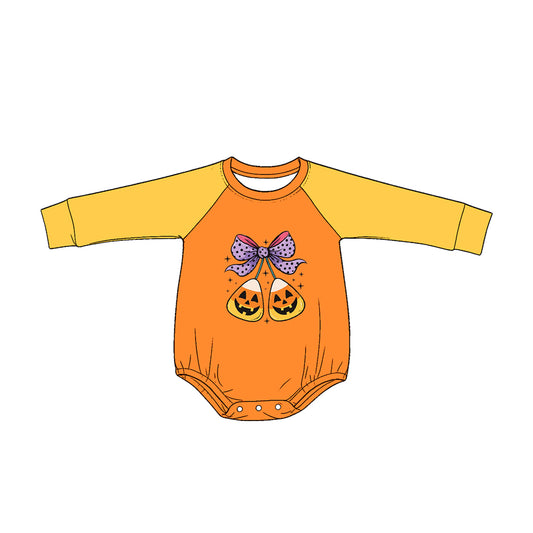 4.25 LR3043 Cany Bows Mustard Print Baby Girls Halloween Romper
