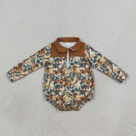 LR3048 Khaki Green Branch Camo Baby Boys Sweatshirt Zipper Romper