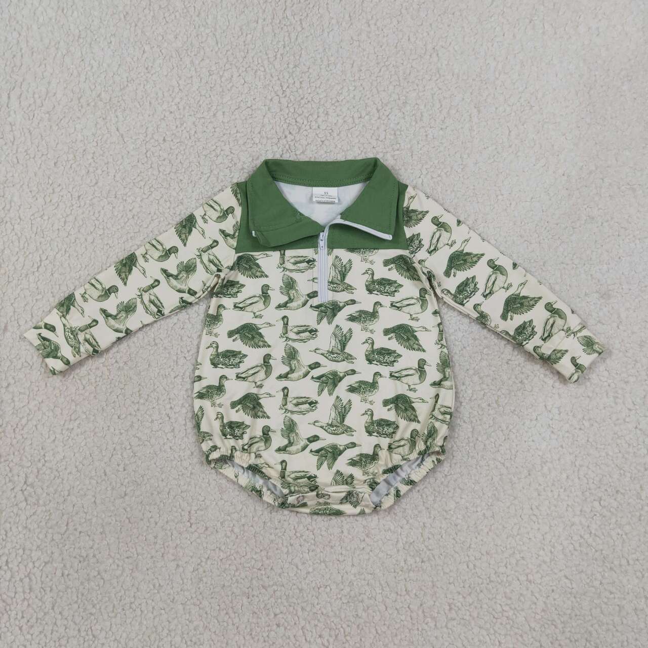 Sibling  Baby Boys Mallard Duck Long Sleeve Zipper Bubble Romper
