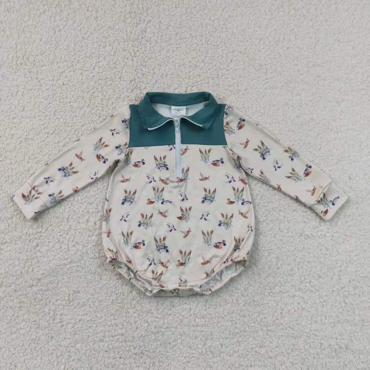 Sibling  Baby Boys Mallard Duck Long Sleeve Zipper Bubble Romper