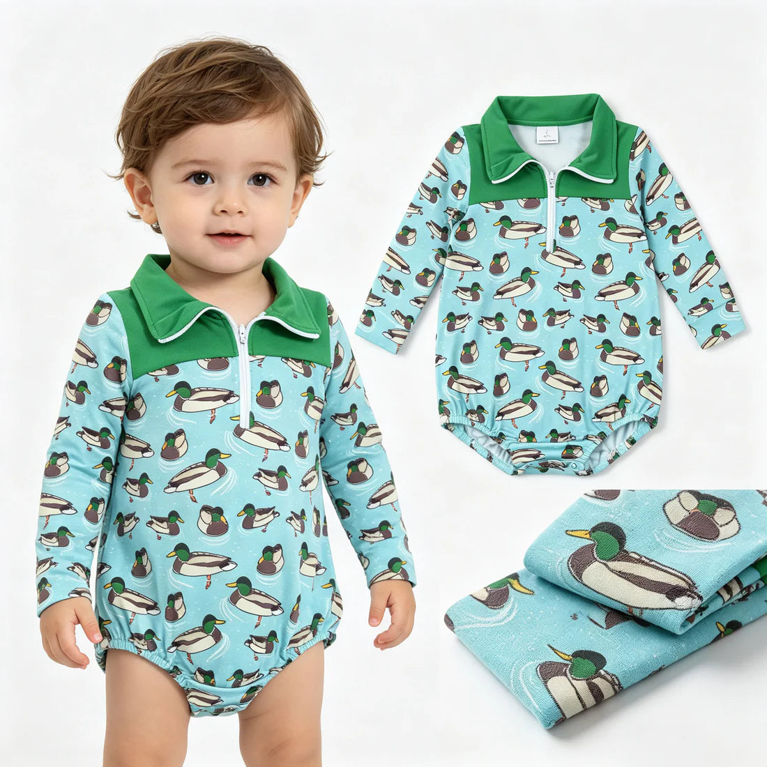 Duck Green Baby Boys Sweatshirt Long Sleeve Zipper Romper