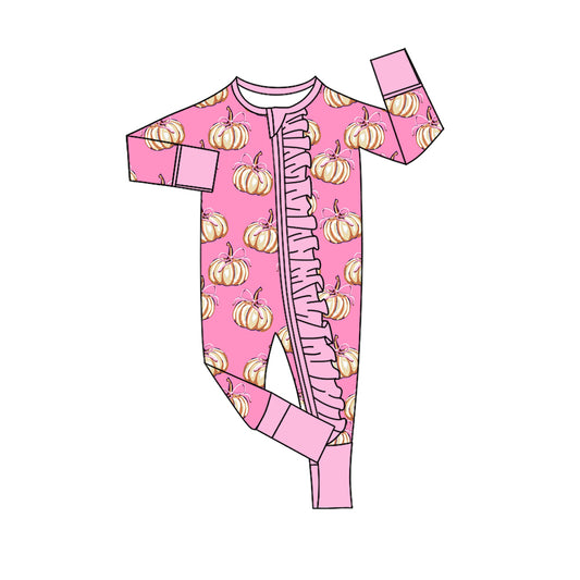 4.28 LR3058 Pumpkin Bows Pink Baby Girls Fall Zipper Sleeper Romper Preorder