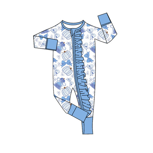 4.28 LR3060 Pumpkin Bows Blue Baby Girls Fall Zipper Sleeper Romper Preorder
