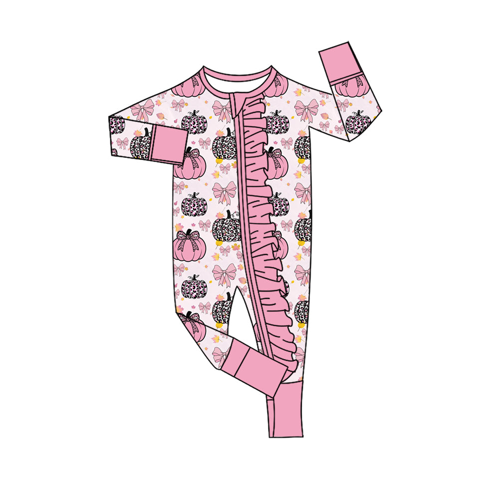 4.28 LR3061 Pumpkin Bows Leopard Pink Baby Girls Fall Zipper Sleeper Romper Preorder