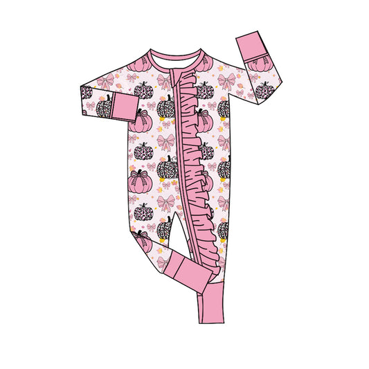 4.28 LR3061 Pumpkin Bows Leopard Pink Baby Girls Fall Zipper Sleeper Romper Preorder