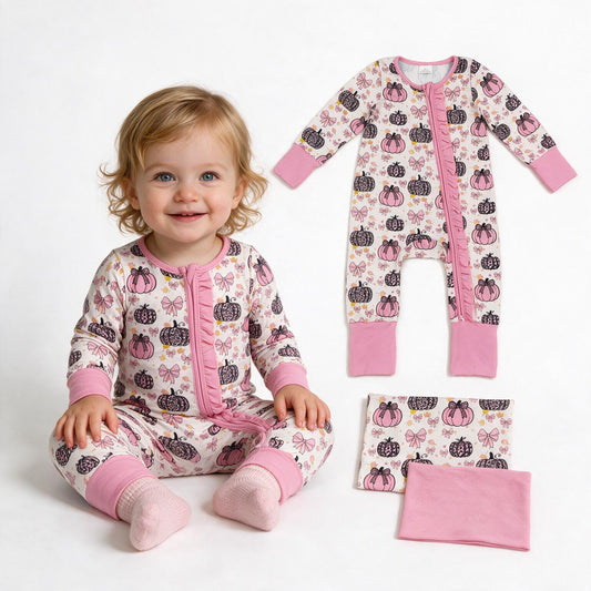 LR3061 Pumpkin Bows Leopard Pink Baby Girls Fall Ruffle Zipper Sleeper Romper