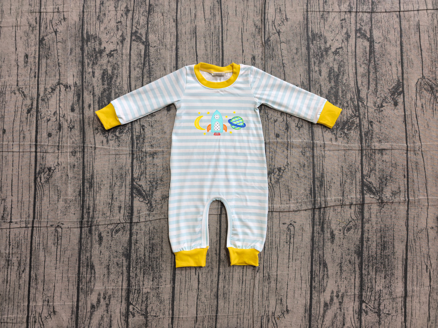 4.28 Baby Space Rocket Sleeper - Blue Striped Footless Romper with Yellow Trim Preorder