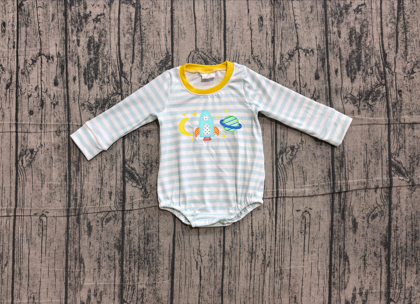 4.28 Baby Space Rocket Bubble Romper - Blue Striped Long Sleeve Onesie Preorder