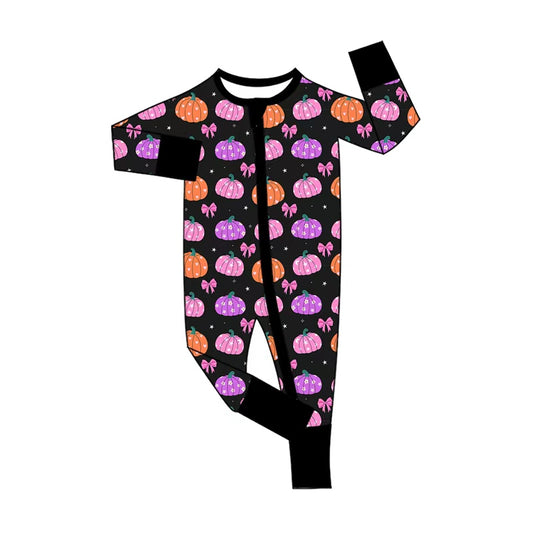 5.1 LR3065 Pumpkin Bows Baby Girls Fall Zipper Sleeper Romper Preorder