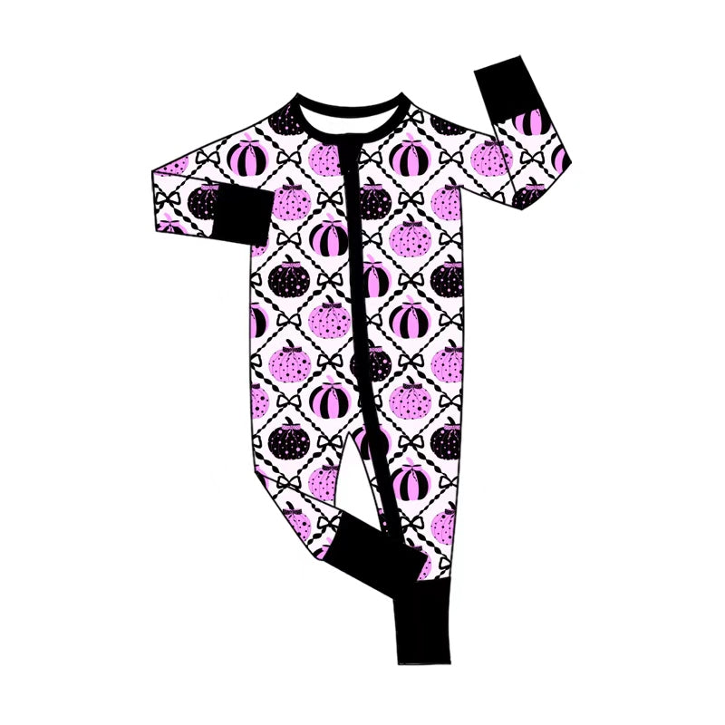 5.1 LR3068 Pumpkin Bows Baby Girls Fall Zipper Sleeper Romper Preorder