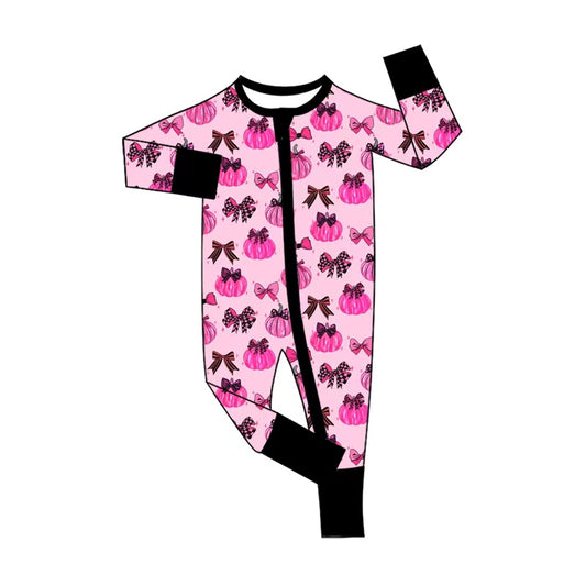5.1 LR3069 Pumpkin Bows Pink Baby Girls Fall Zipper Sleeper Romper Preorder