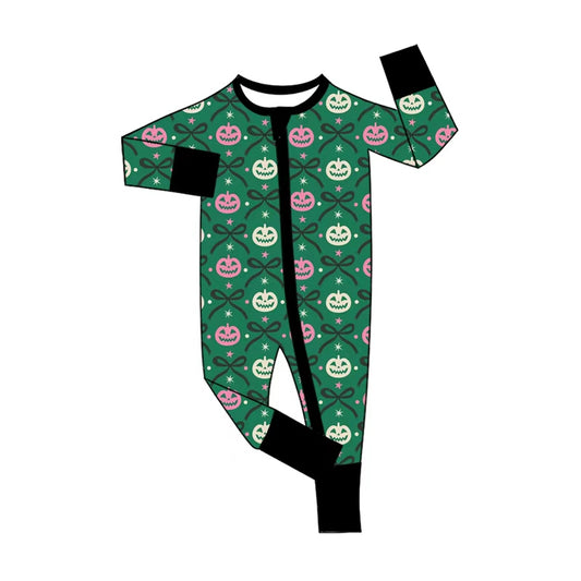 5.1 LR3070 Pumpkin Bows Green Baby Girls Halloween Zipper Sleeper Romper Preorder