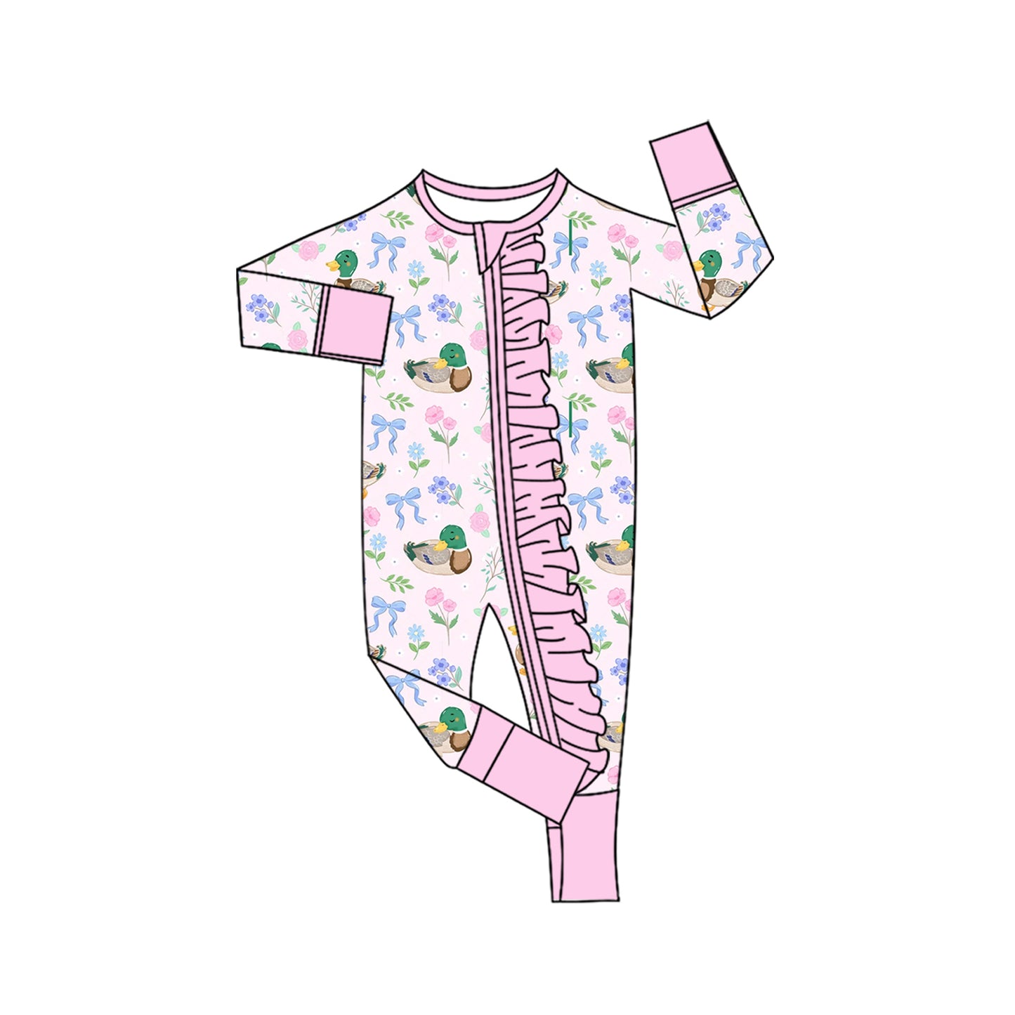 5.1 LR3071 Duck Bows Flowers Baby Girls Fall Zipper Sleeper Romper Preorder