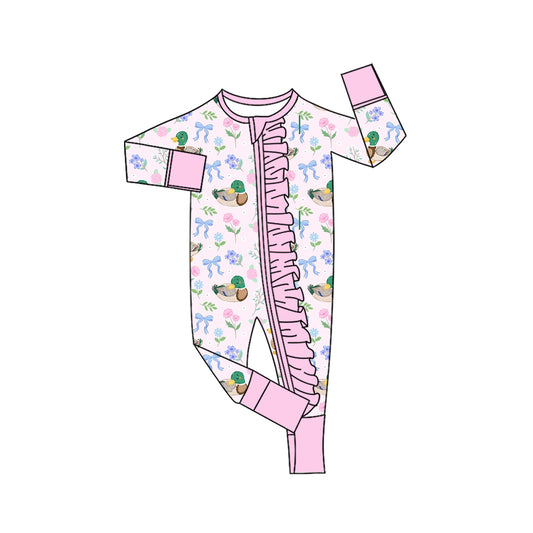 5.1 LR3071 Duck Bows Flowers Baby Girls Fall Zipper Sleeper Romper Preorder