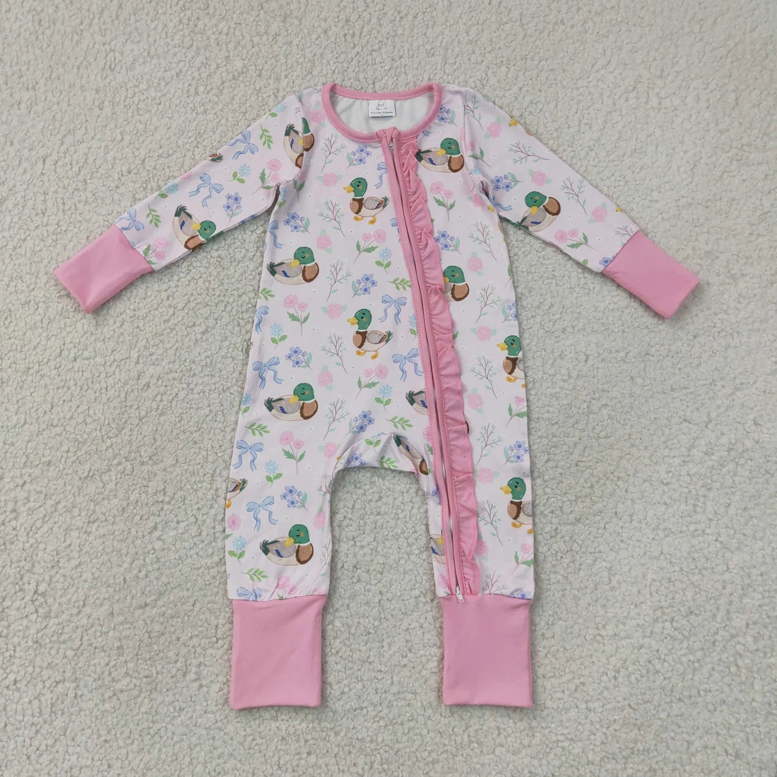 Sibling Baby Girls Flowers Bows Ducks Pink Scallop Shorts Set Zipper Romper