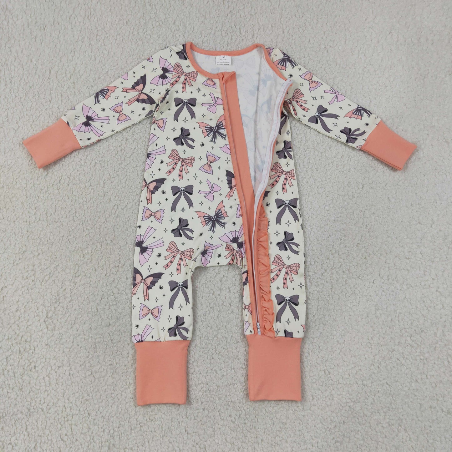 Baby Girls Halloween Ghost & Bow Long Sleeve Zipper Romper