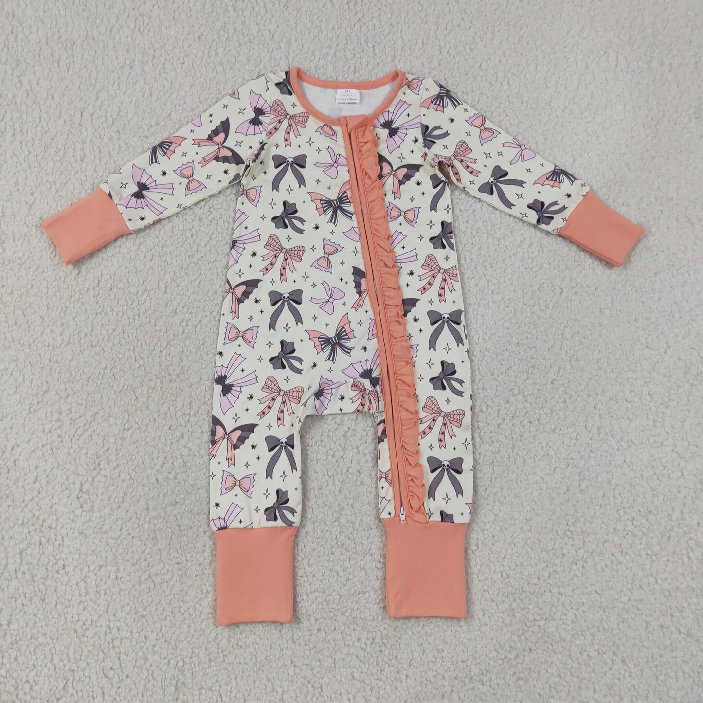 Baby Girls Halloween Ghost & Bow Long Sleeve Zipper Romper