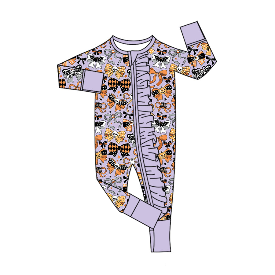 5.13 Baby Girls Skull & Pumpkin Bow  Long Sleeve Zipper Romper Preorder