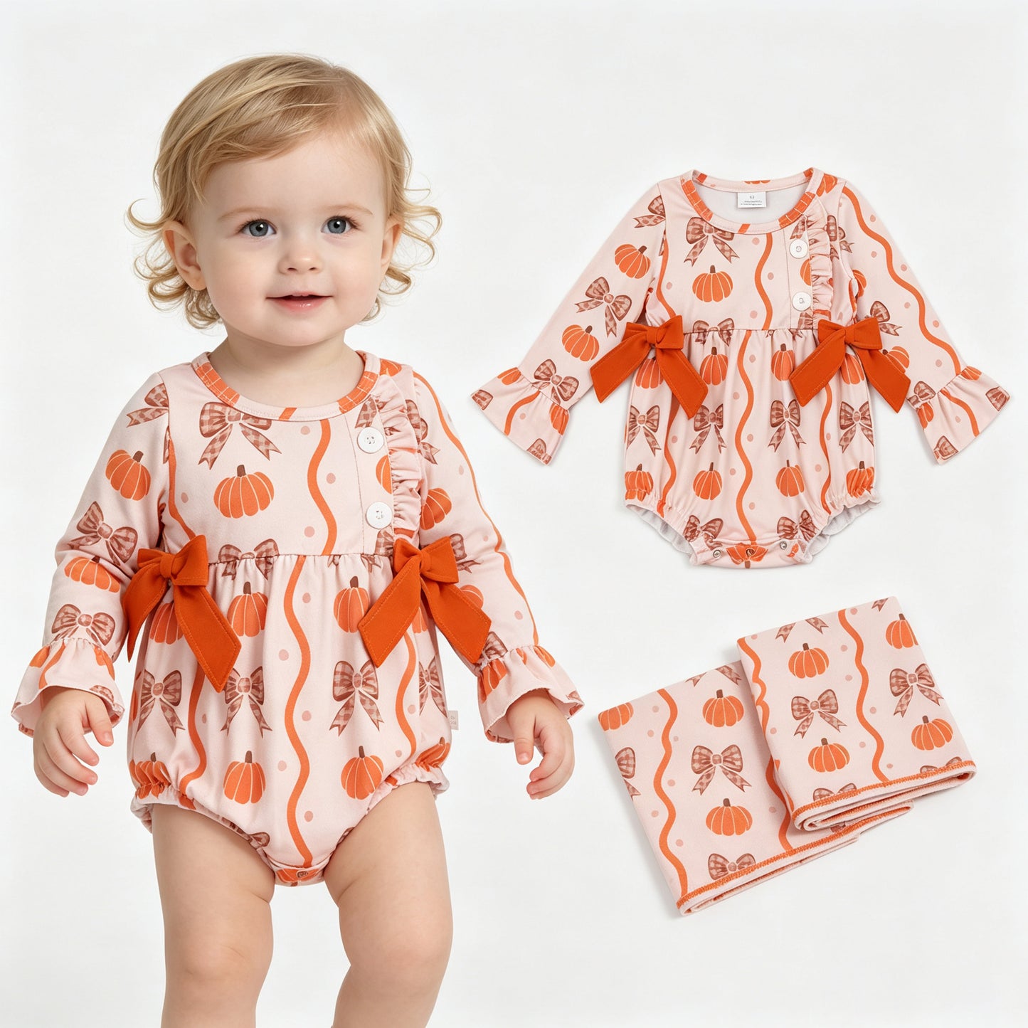 LR3083 Pumpkin Bows Print Baby Girls Fall Long Sleeve Bubble Romper