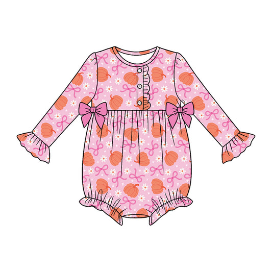 5.18 Baby Girls Orange Pumpkin Bow Print Long Sleeve Bubble Romper