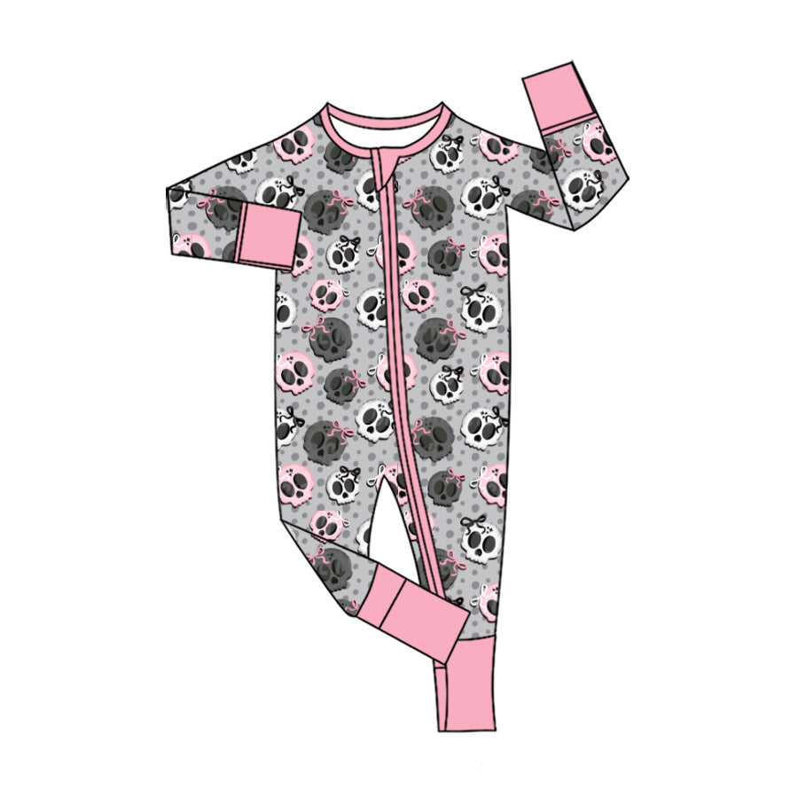 5.20 Baby Pink Halloween Polka Dot Skul Zip Romper Preorder