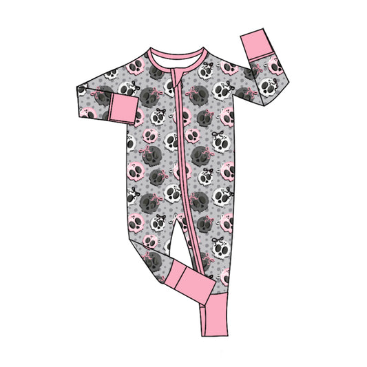5.20 Baby Pink Halloween Polka Dot Skul Zip Romper Preorder