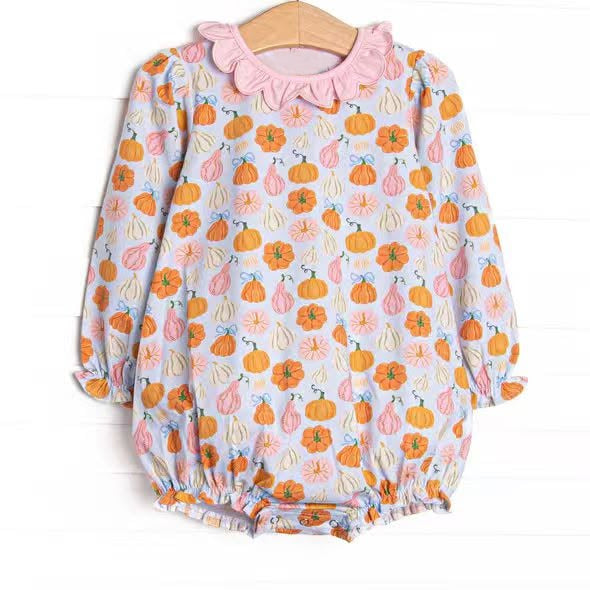 6.18 Preorder LR3098 Pumpkin Bows Print Baby Girls Fall Romper