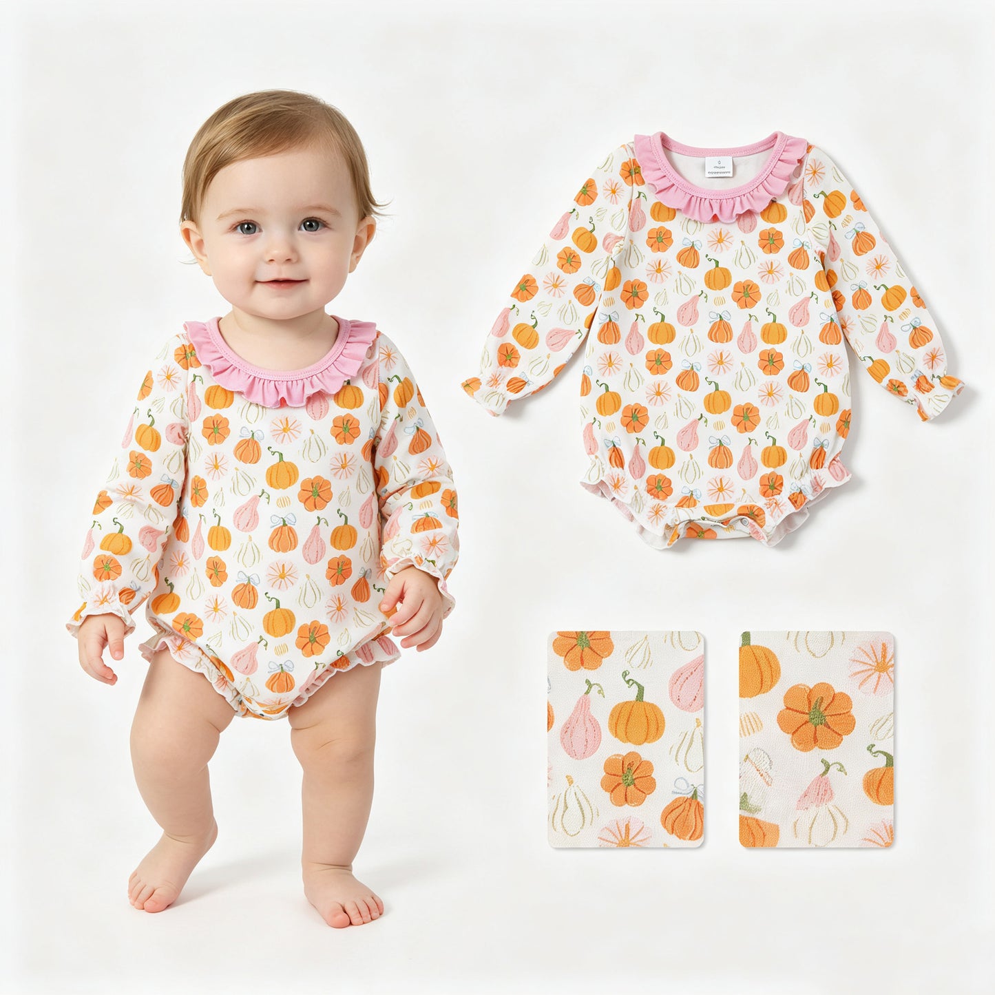 LR3098 Pumpkin Bows Print Baby Girls Fall Romper