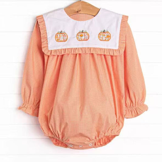 6.18 Preorder LR3101 Pumpkin Orange Print Baby Girls Fall Romper